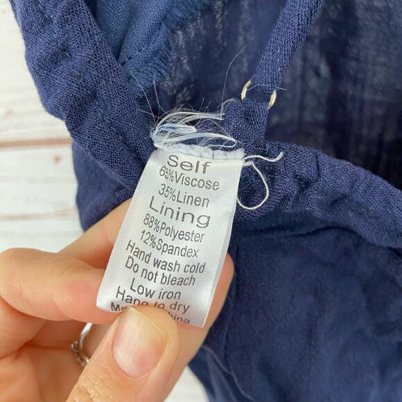 Windsor M Blue Linen Strappy Open Back Keyhole Flowy Straight Leg Jumpsuit - Picture 10 of 10